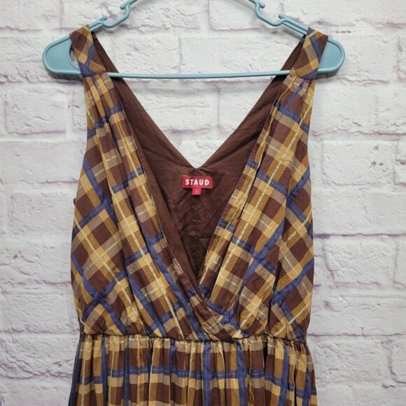 Staud Plaid Jumpsuit Extra Wide Leg Sleeveless Brown Blue Casual Size S - Picture 2 of 9